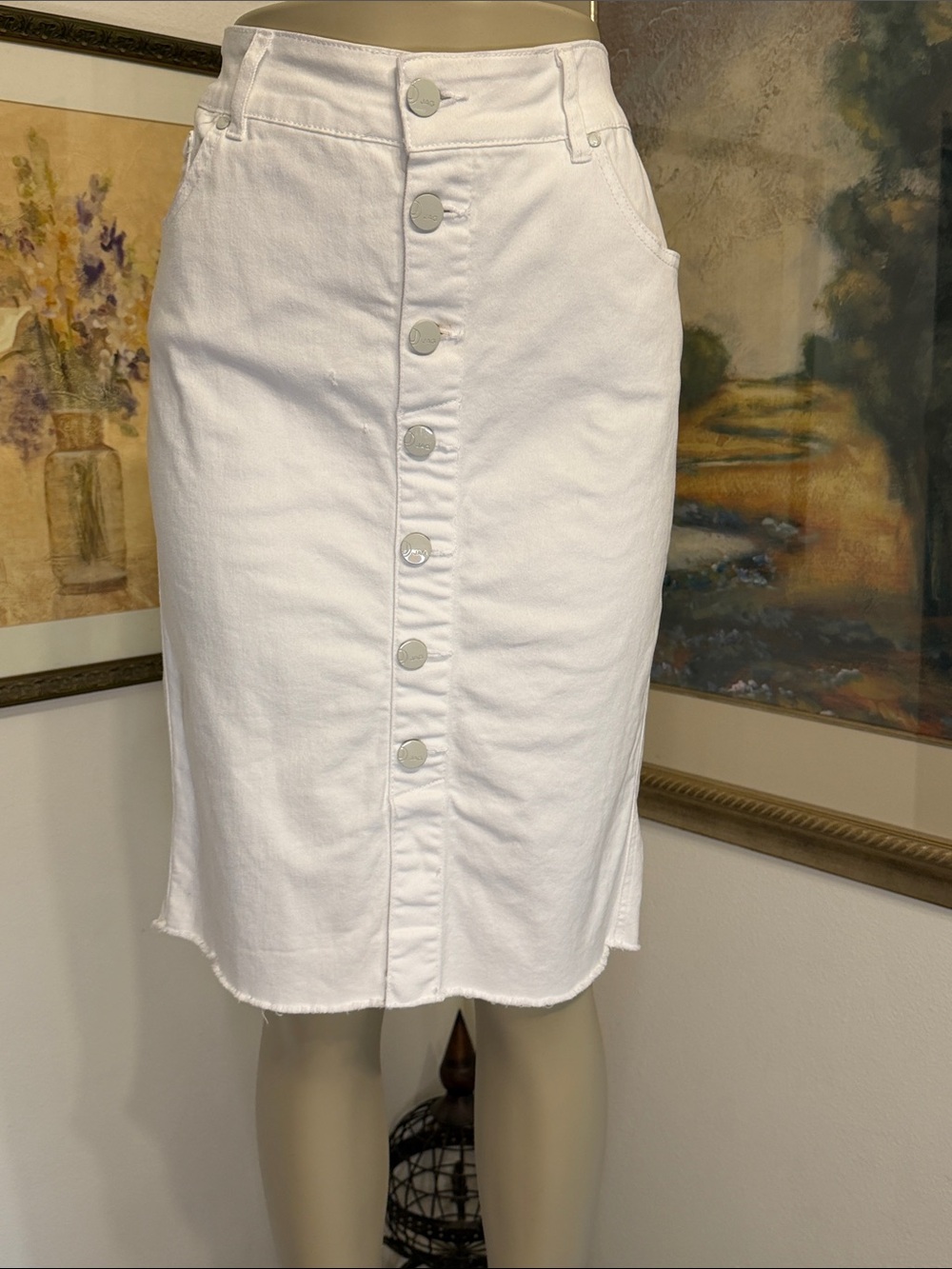 JAG JEANS Distressed White Button-Front Denim Fringe Skirt Size 12